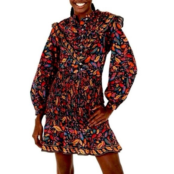 NEW FARM Rio Black Mini Pineapples Mini Dress Floral Ruffle Smocked Size XL - Picture 1 of 16